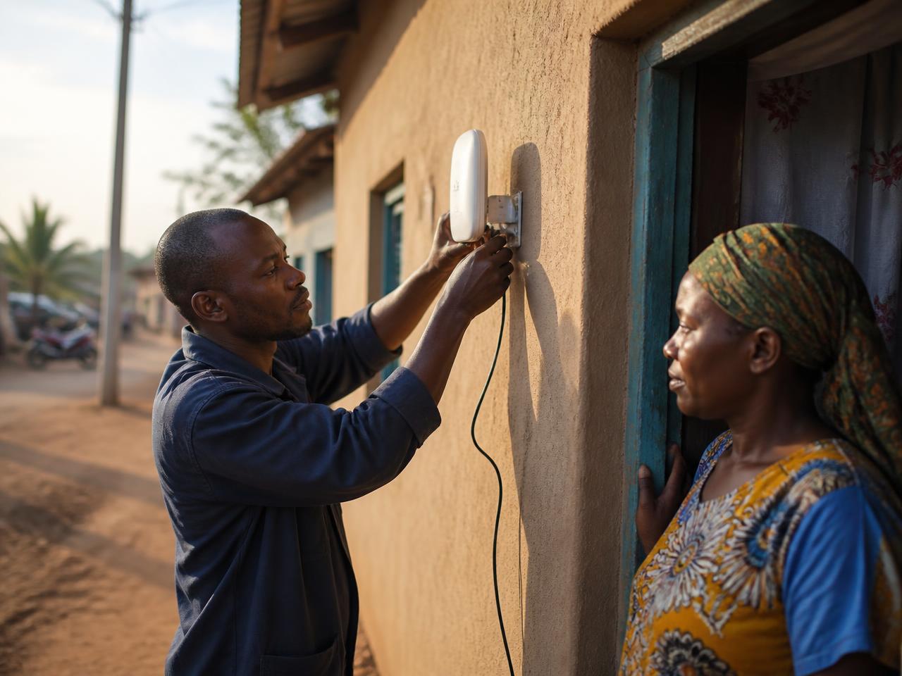 A technician fitting a wireless Internet antenna to the wall of a home while the resident looks on