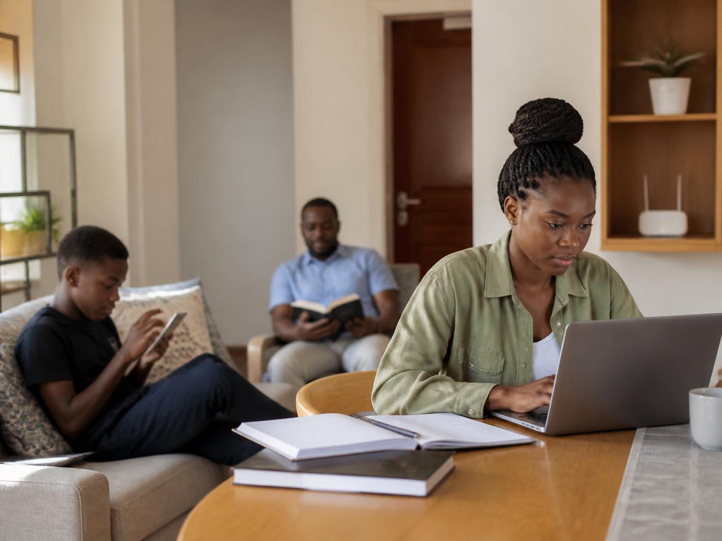 A family at home in Kenya: a woman working on a laptop at the table while a teenager uses a phone on the sofa